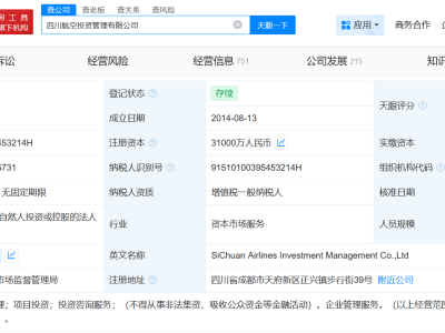 四川航空投資管理公司增資至3.1億 增幅約182%