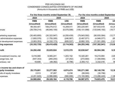 拼多多2025年三季報：營收1082.8億重拾增速，營業利潤增速卻陷低谷