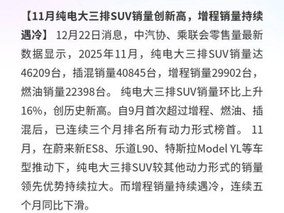 純電大三排SUV 11月銷量領(lǐng)跑市場 增程車型銷量遇冷呈下滑態(tài)勢